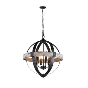 Zeus 4-Light Distressed Black Chandelier with Wood and Steel Frame