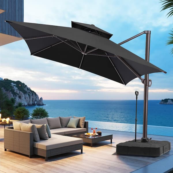 13.5 ft. x 10 ft. Double Top Aluminum 360° Rotation Cantilever Patio Umbrella in Black with 350 lbs. Pull Rod Base