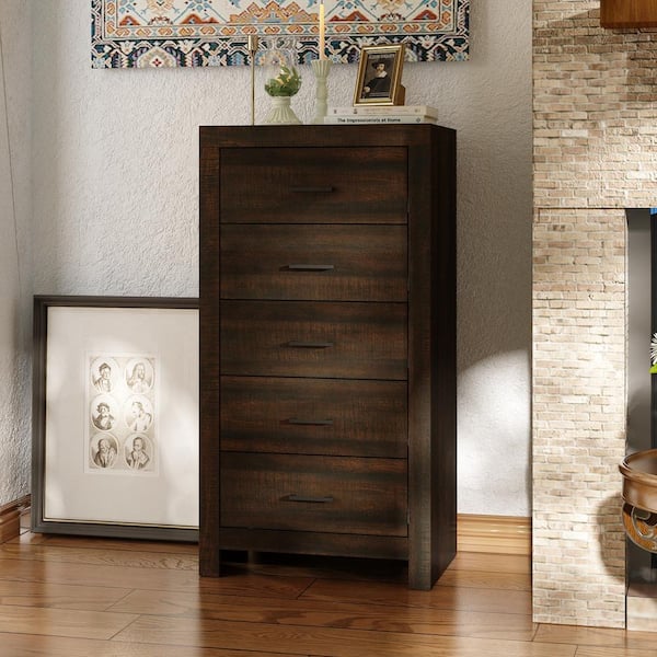 23.6 in. W Brown Wood Grain 5-Drawer Chest of Drawers Dresser in American Country Style, 15.7 in. D x 45.3 in. H