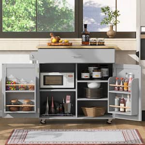 Gray Wood 39 in. W Kitchen Island with Drop Leaf, Drawer, and Internal Storage Rack