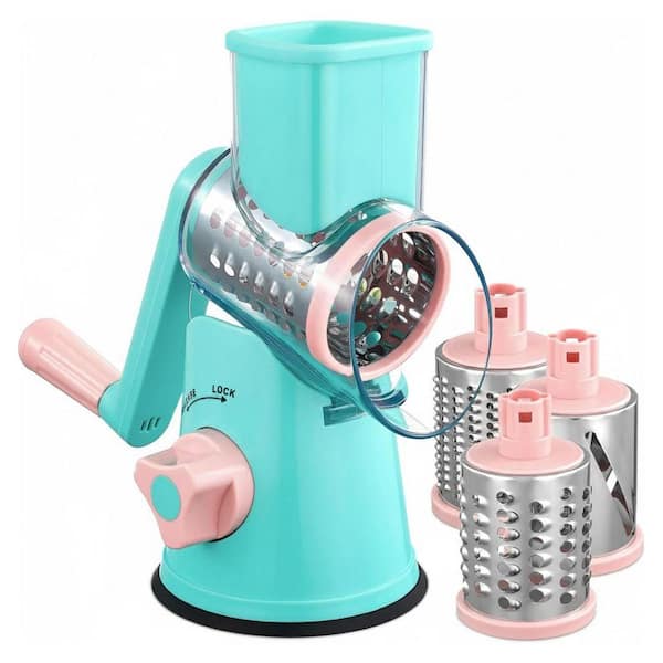 Blue-Green Rotary Cheese Grater Mandoline Vegetable Slicer with 3 Stainless Steel Blades and Suction Base, Easy Clean
