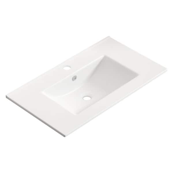 HE 29.92 in. x 18.31 in. Undermount Rectangular Bathroom Sink in Glossy White Ceramic, Integrated Basin and Countertop