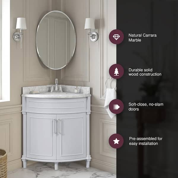 Aberdeen 32 in. Single Sink Freestanding Corner Dove Gray Bath Vanity with Carrara Marble Top (Assembled)