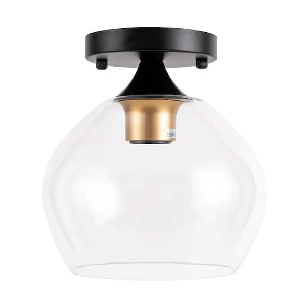 OUKANING 8 in. 1-Light Black Modern Semi-Flush Mount Ceiling Light with Clear Glass Shade