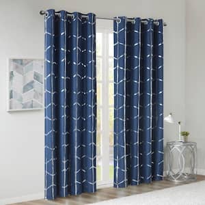 Khloe Navy/Silver Polyester 50 in. W x 63 in. L Total Blackout Metallic Print Grommet Top Curtain