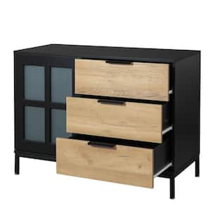 39.37 in. W x 15.75 in. D x 29.57 in. H Black Linen Cabinet with Glass Door and 3-Drawers for Bedroom, Living Room