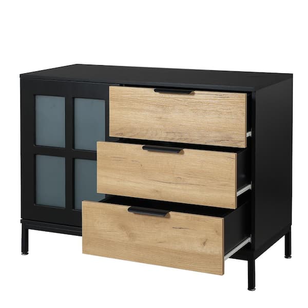 Unbranded 39.37 in. W x 15.75 in. D x 29.57 in. H Black Linen Cabinet with Glass Door and 3-Drawers for Bedroom, Living Room