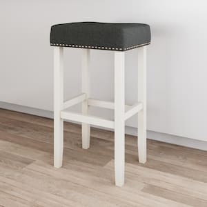 Hylie 29 in. Tufted Gray Nailhead Saddle Cushion White Wood Pub-Height Counter Bar Stool