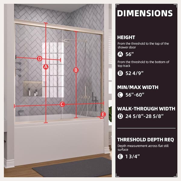 Breeze 60 in. W x 56 in. H Sliding Semi Frameless Tub Door in Brushed Nickel Finish with Clear Glass