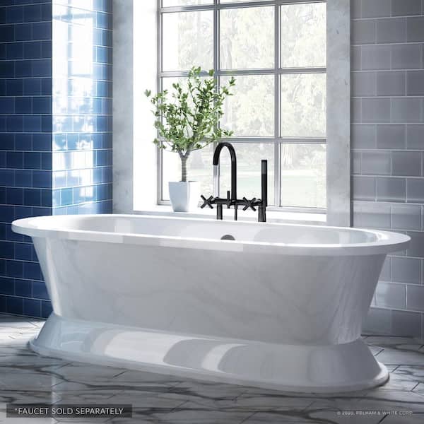 PELHAM & WHITE Crestmont 67 in. Acrylic Freestanding Pedestal Bathtub in White, Drain in Matte Black