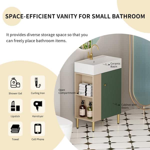 22 in. W x 12 in. D x 34 in. H Single Sink Bath Vanity in Green w/ White Ceramic Top and Left Side Open Storage Shelves