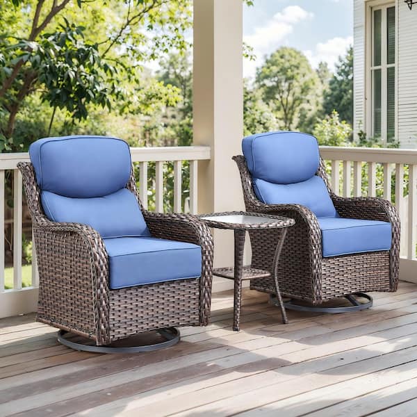 MoonLuxe Brown Swivel Glider Wicker Patio Conversation Set with Blue Olefin 6 in. Thick Cushions/Side Table (3-Piece)