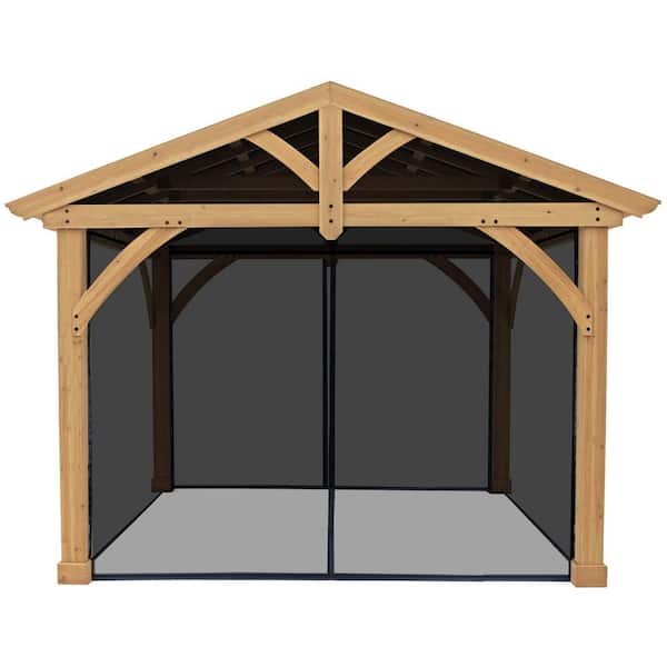 Carolina 11 ft. x 13 ft. Premium Cedar Shade Pavilion with Coffee Brown Aluminum Roof and UV resistant Phifer Mesh Kit