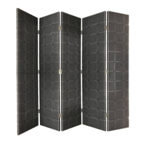 Benjara Black 5-Panel Modern Style Screen with Faux-Leather Button Tufting