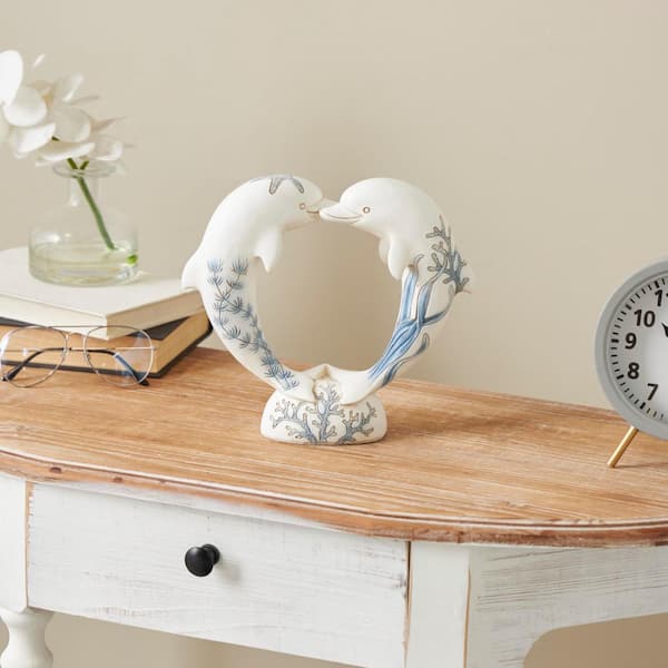 Litton Lane White Polystone Heart Shaped Dolphin Sculpture with Blue Coral Patterns