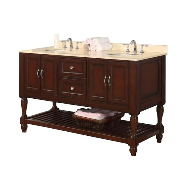 Direct vanity sink Mission Turnleg 60 in. Double Vanity in Dark Brown with Marble Vanity Top in Beige with White Basin and Mirrors