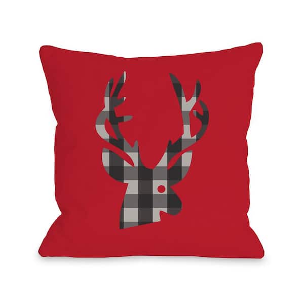 Unbranded Plaid Deer Red Black Gray Graphic Polyester 16 in. x 16 in. Throw Pillow