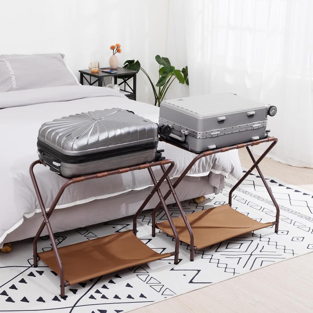 Bronze Foldable Luggage Rack with Storage Shelf, Set of 2