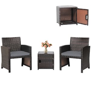 3-Pieces Patio PE Rattan Conversation Furniture Set Bistro Set with Waterproof Cover Grey