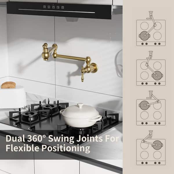 Wall Mount Folding Faucet 2 Handle with Double Joint Swing Arms, Single Hole Brass Commercial Faucet Over Stove Gold
