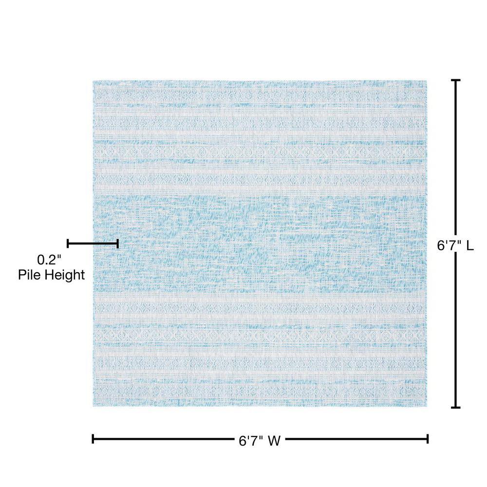 Aqua and Grey Synthetic 6'7" Square Non-Slip Outdoor Rug