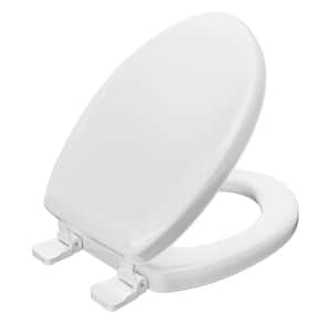 Deluxe Soft Seat with Wood Cores Elongated Closed Front Toilet Seat with Cover and Adjustable QuicKlean Hinge in White