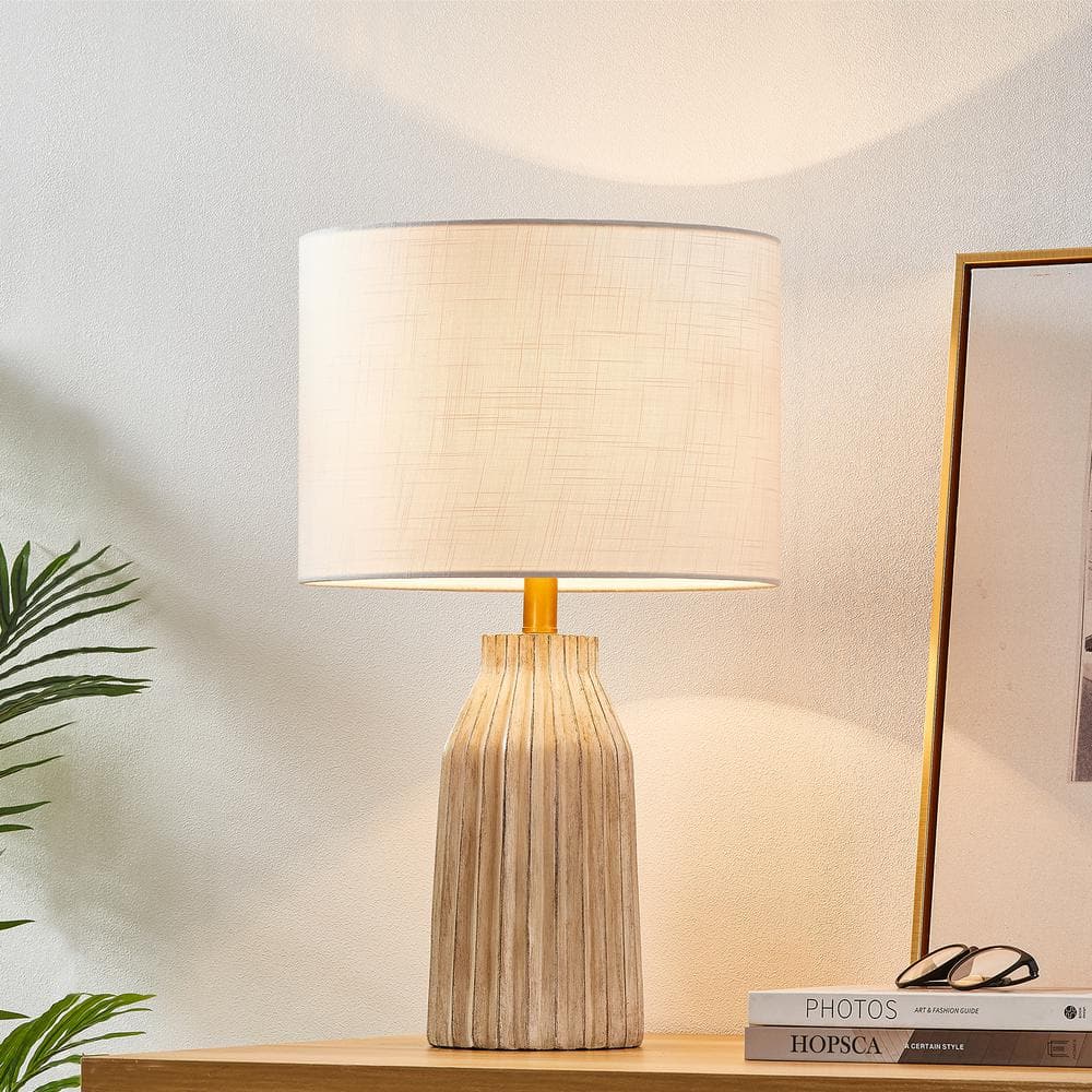 KAWOTI 24 in. Creamy White Ribbed Table Lamp with White Fabric Shade 21056 - The Home Depot