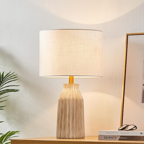 KAWOTI 24 in. Creamy White Ribbed Table Lamp with White Fabric Shade