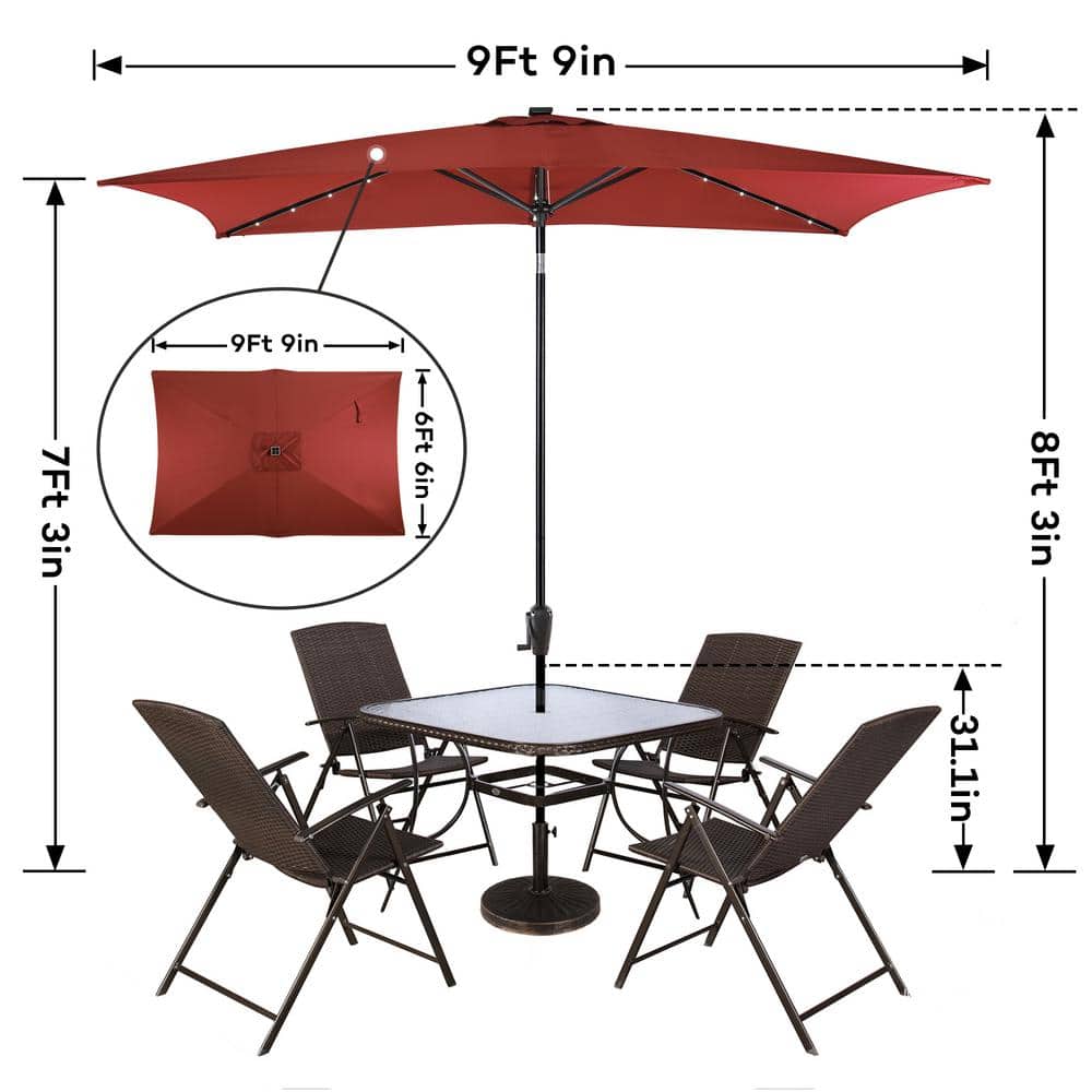 Burgundy Rectangular Solar LED Patio Umbrella with Steel Frame