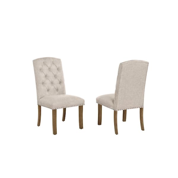 Salama Beige Linen Fabric With Brown Oak Veneer Finish Legs Side Chairs Set of 2
