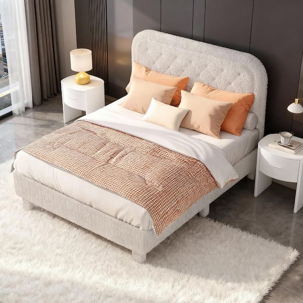 White Metal Frame Queen Platform Bed Boucle Upholstered Platform Soft Bed with Upholstered