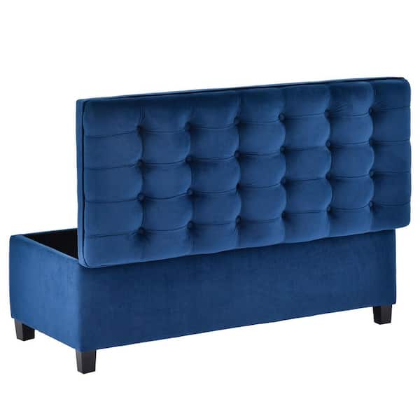 Urtr Blue Upholstered Flip Top Storage Bench Button Tufted Top For