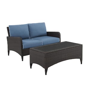 Kiawah 2-Piece Wicker Patio Chat Set with Blue Cushions