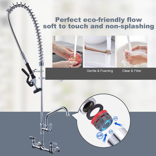 47 in. H Commercial Wall Mount Triple Handle Pull Down Sprayer Kitchen Faucet with Pre-Rinse Sprayer in Polished Chrome
