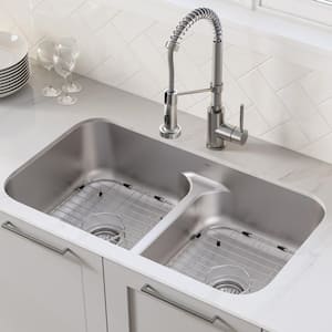 Premier Kitchen 32 in. Undermount Double Bowl 16 Gauge Stainless Steel Kitchen Sink with Commercial Pull-Down Faucet