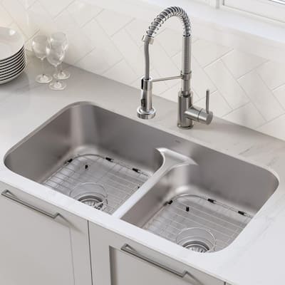 Ellis All-in-One Undermount Stainless Steel 32 in. 50/50 Double Bowl Kitchen Sink with Commercial Pull-Down Faucet