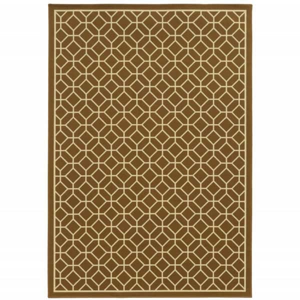 HomeRoots Brown, Ivory 9 ft. x 13 ft. Loomed Geometric Polypropylene Rectangle Indoor/Outdoor Area Rug