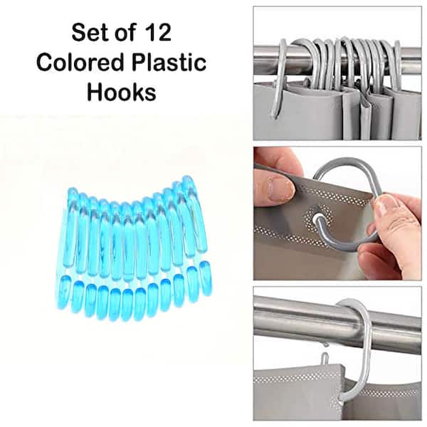Evideco Shower Curtain Rings Plastic Hooks (Set of 12) - Clear Turquoise Blue