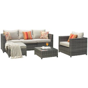 Ontario Lake Gray 6-Piece Wicker Outdoor Patio Conversation Seating Set with Beige Cushions