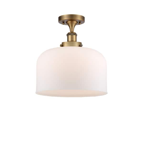 Innovations Bell 12 in. 1-Light Brushed Brass Industrial Semi-Flush Mount with Frosted Glass Shade