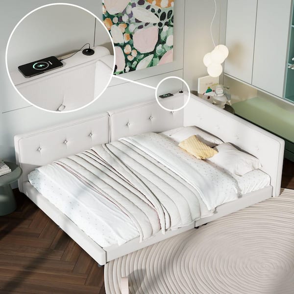 Beige Wood Frame Full Size Platform Bed with USB Ports