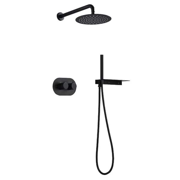 Tomfaucet Thermostatic 2-Spray 10 in. Wall Mount Fixed and Handheld Shower Head 2.5 GPM Rainfall Shower System in Matte Black