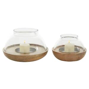 Brown Wood Tealight Hurricane Lamp (Set of 2)