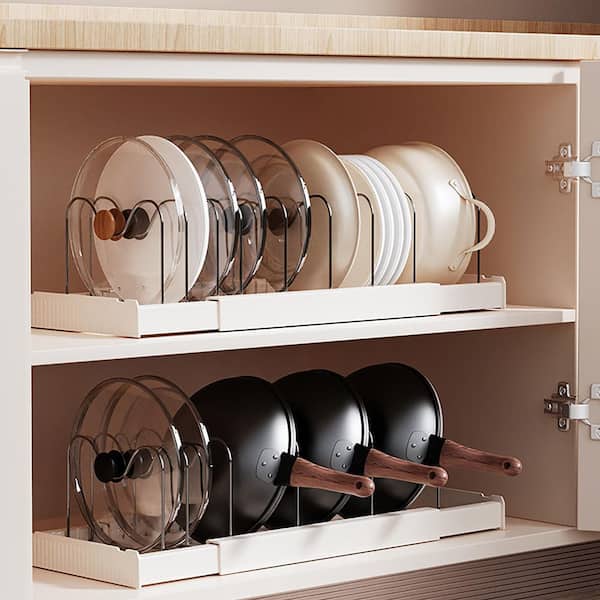 White Expandable Under-Cabinet Standing Pot Rack with 7-Adjustable Dividers, Kitchen Organizer for Pots, Cutting Boards