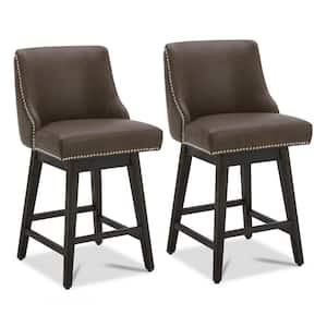 Martin 26 in. Chocolate High Back Solid Wood Frame Swivel Counter Height Bar Stool with Faux Leather Seat(Set of 2)