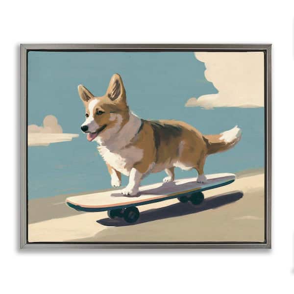 Stupell Industries Skateboarding Corgi Dog by Svetlana Aleynikova Gray Floater Frame Animal Graphic Art Print 25 in. x 31 in.