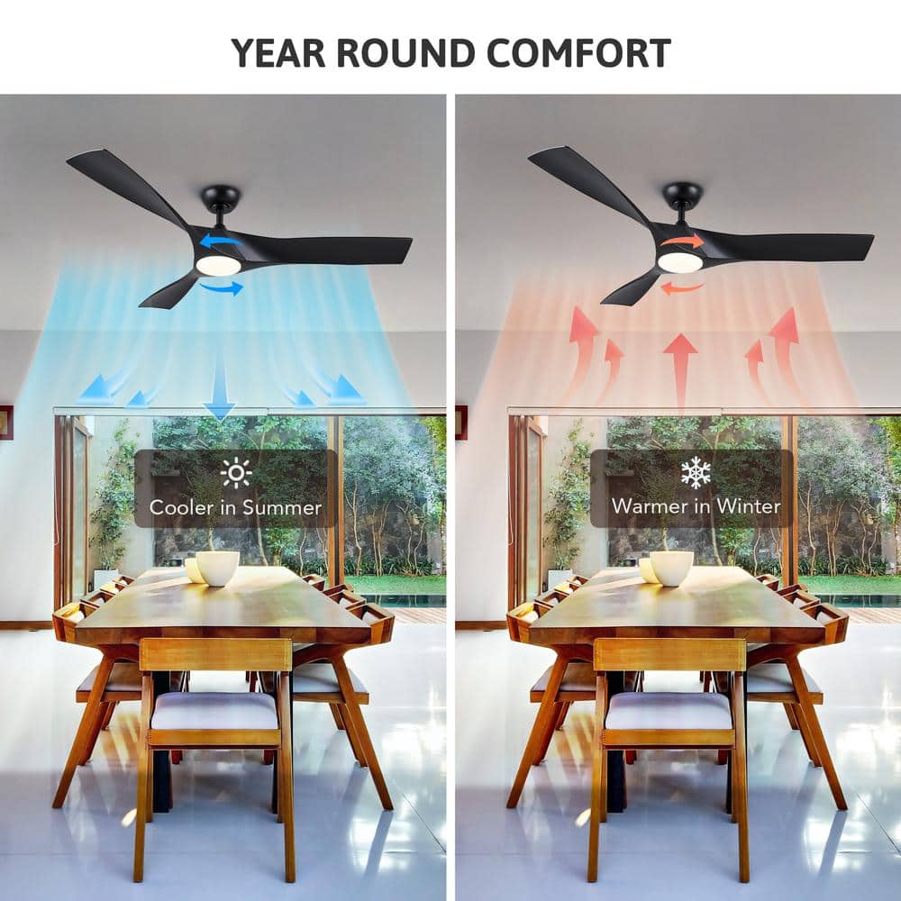 52" Black Modern Ceiling Fan with Dimmable LED Light and Remote