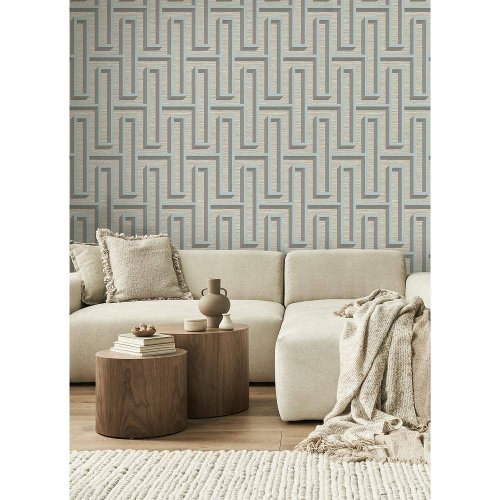 Henley Light Blue and Gray Geometric Grasscloth Wallpaper