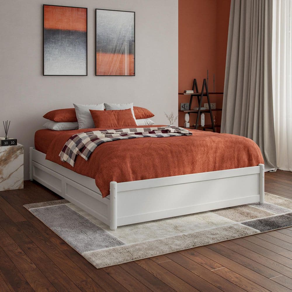 Barcelona White Full Wood Panel Platform Bed with Storage Drawers