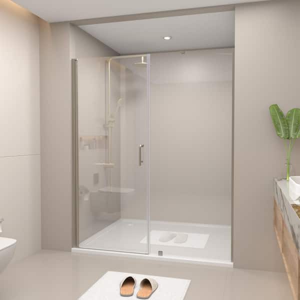 60 to 60.63 in. W x 72 in. H Pivot Semi-Frameless Shower Door in Brushed Nickel with Tempered Glass and Towel Bar